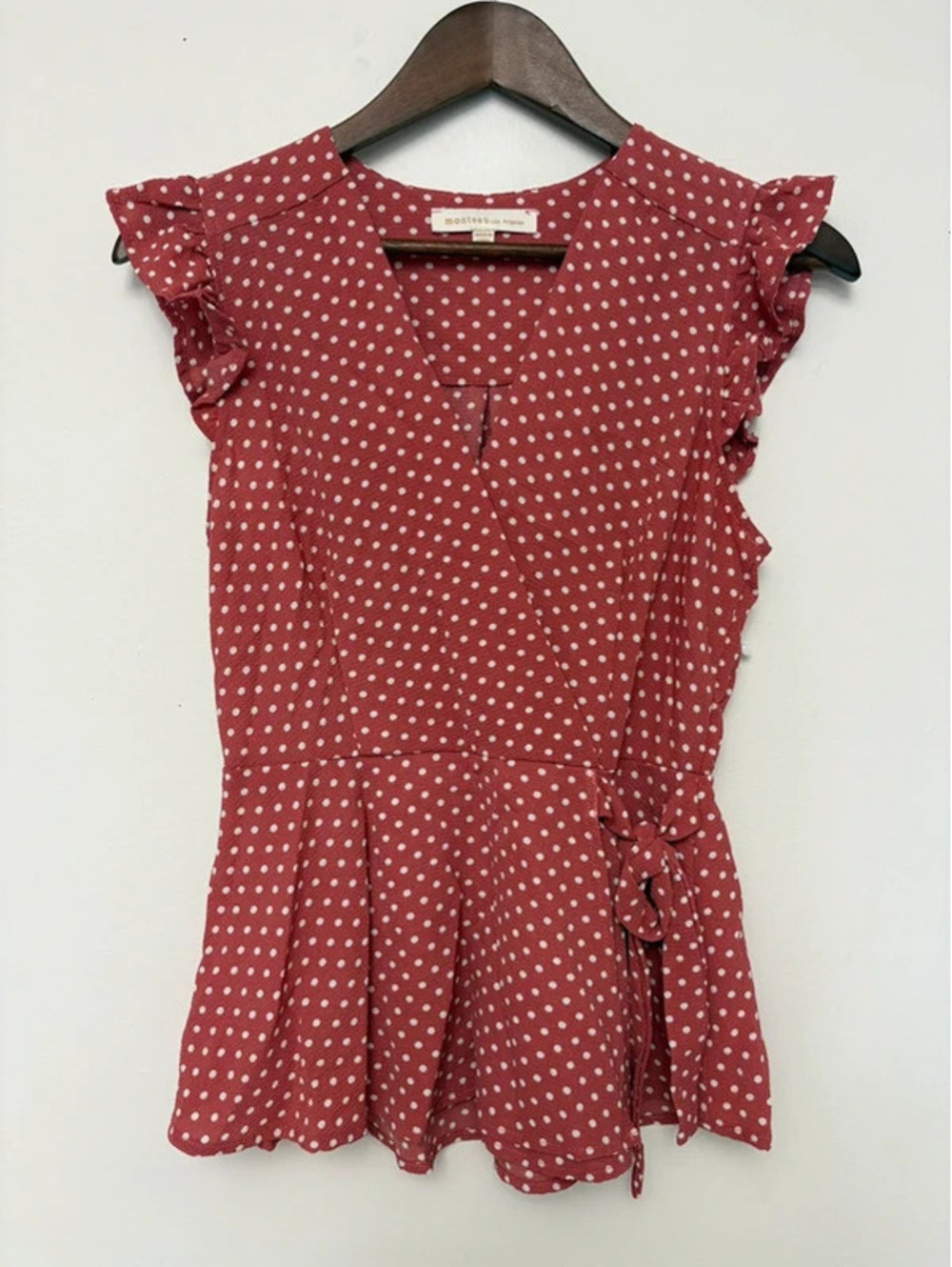 Monteau Los Angeles Medium Red Polka Dot Ruffle Wrap Peplum Top